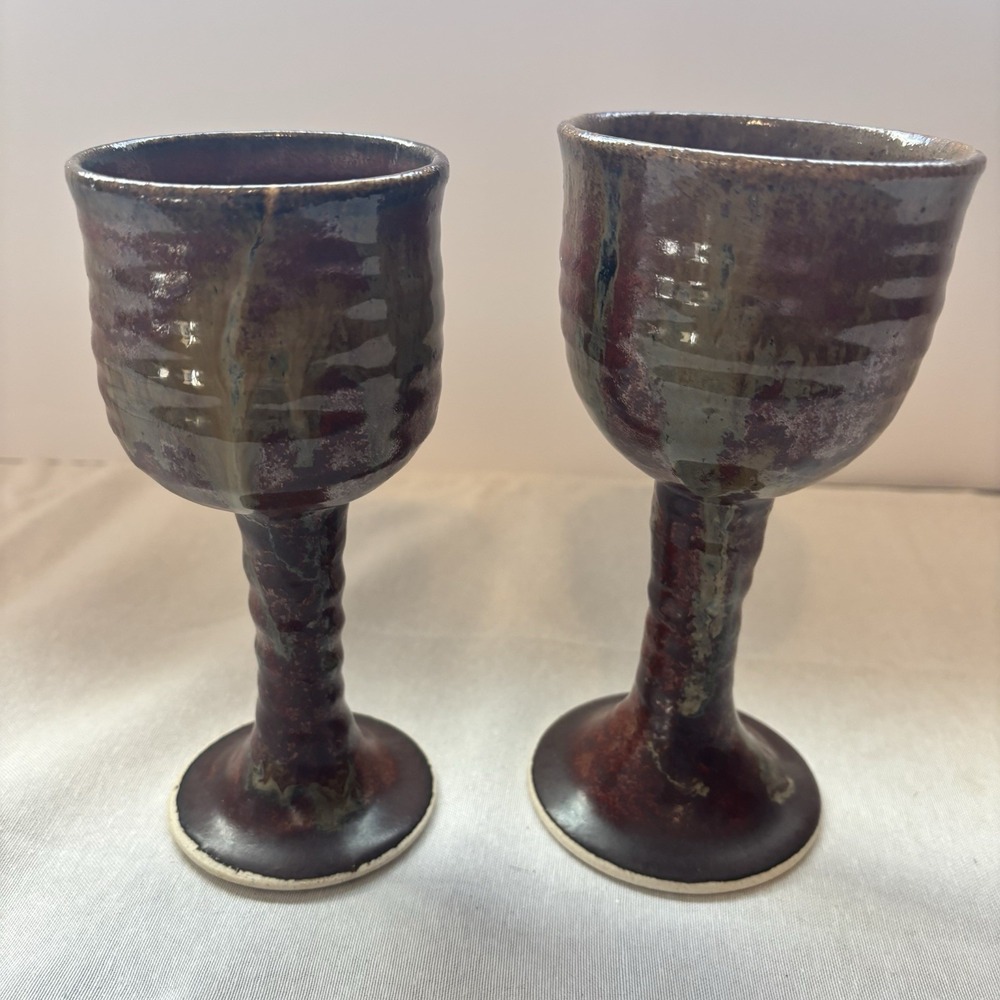 Handcrafted Ceramic /Art Pottery /Goblet Set of 2 /Glossy Brown /Signed
